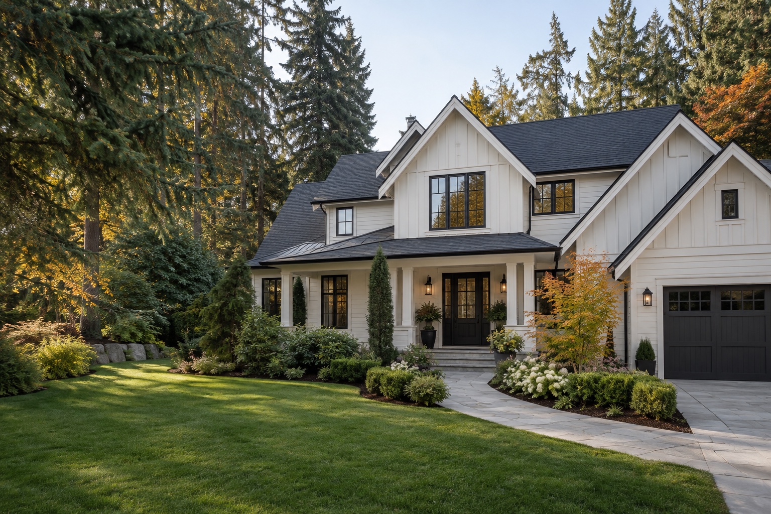 A detached home framed by evergreens, with a tidy garden and clear front walkway